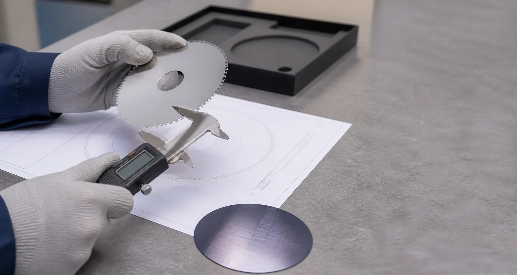Engineering inspection of a thin carrier with drawing, caliper and sample wafer