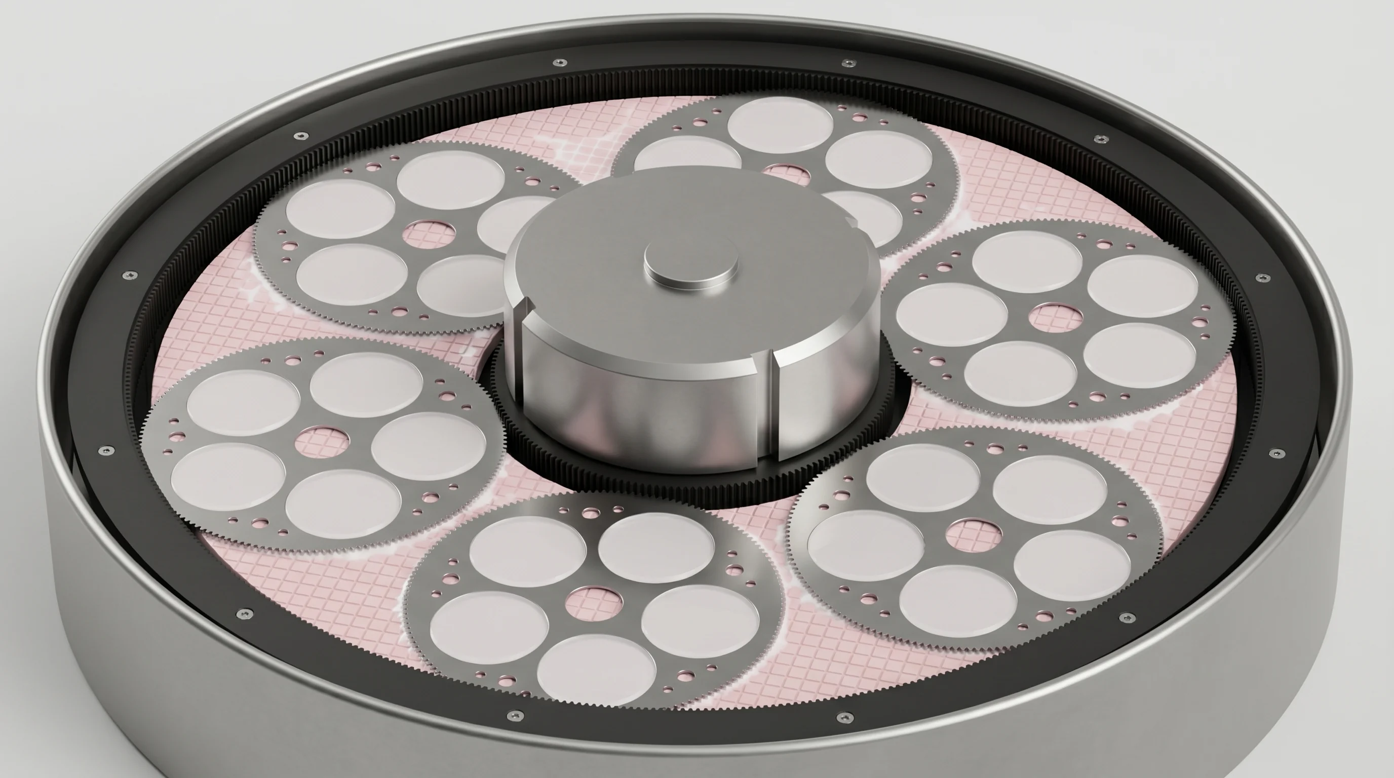 Double-side lapping machine concept showing several thin workpiece carriers in process